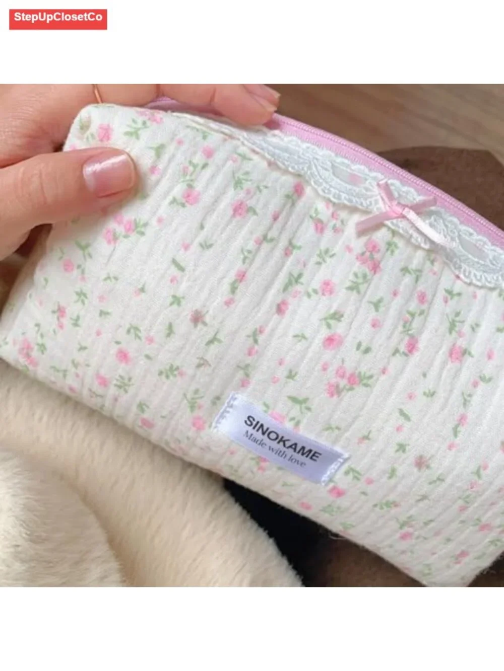 Handmade Quilted Cotton Makeup Bag Floral Bow Cute Cosmetic Pouch